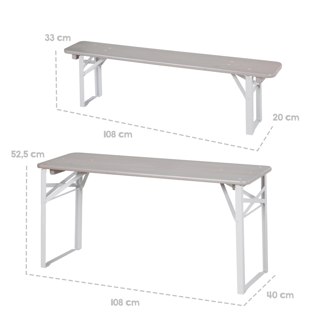 Ensemble de sièges pour fêtes en bois - 2 bancs + 1 table pour enfants - Bois lasuré gris