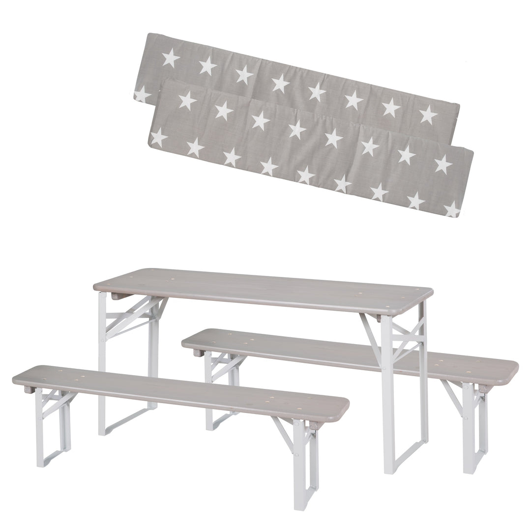 Ensemble de sièges pour fêtes en bois - 2 bancs + 1 table pour enfants - Bois lasuré gris