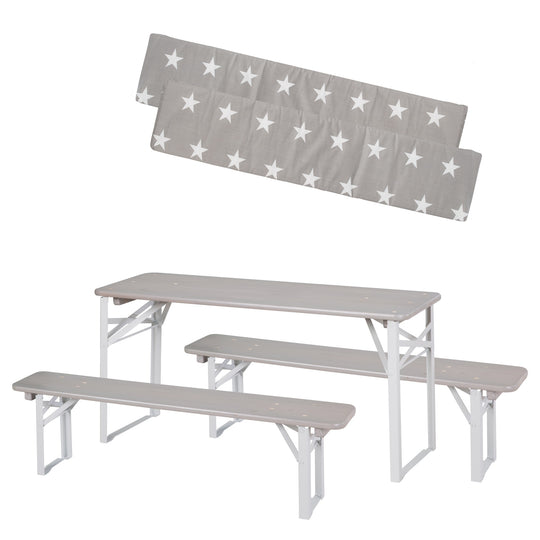 Ensemble de sièges pour fêtes en bois - 2 bancs + 1 table pour enfants - Bois lasuré gris