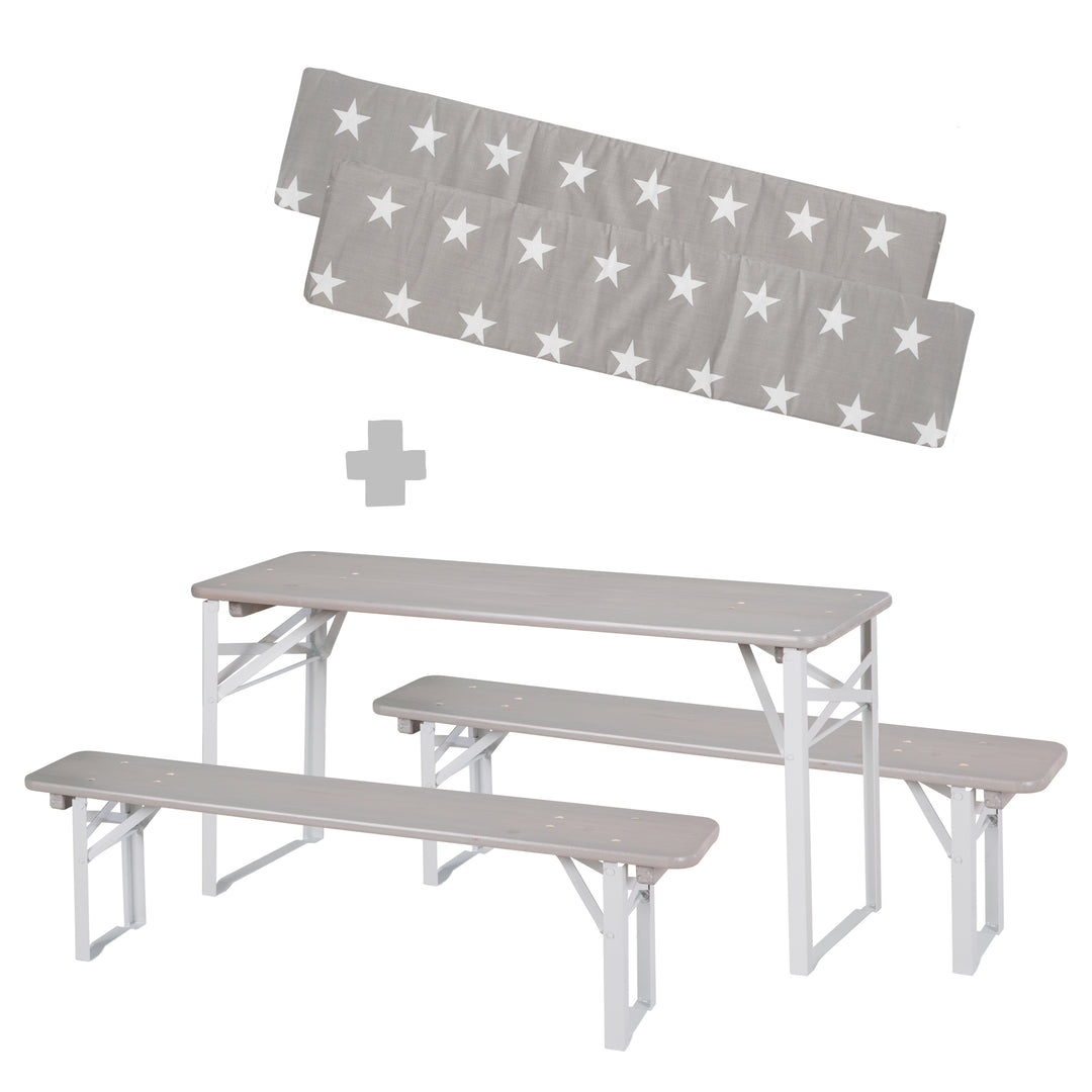 Ensemble de sièges pour fêtes en bois - 2 bancs + 1 table pour enfants - Bois lasuré gris
