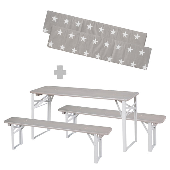 Ensemble de sièges pour fêtes en bois - 2 bancs + 1 table pour enfants - Bois lasuré gris