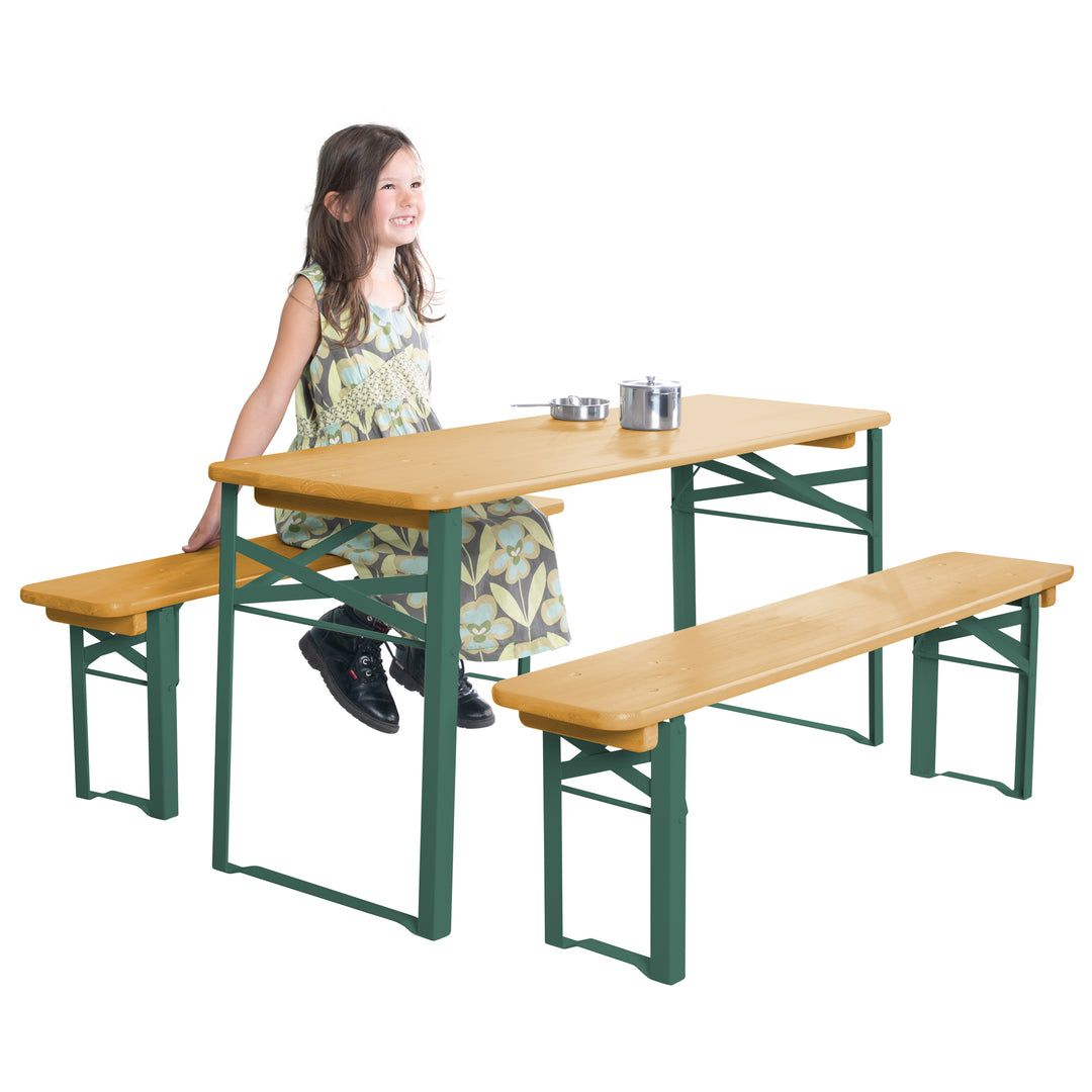 Ensemble de sièges pour fêtes en bois - 2 bancs + 1 table pour enfants - Bois teck lasuré