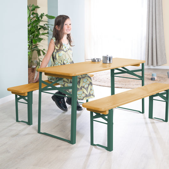 Ensemble de sièges pour fêtes en bois - 2 bancs + 1 table pour enfants - Bois teck lasuré