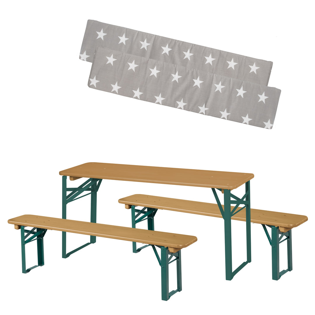Ensemble de sièges pour fêtes en bois - 2 bancs + 1 table pour enfants - Bois teck lasuré