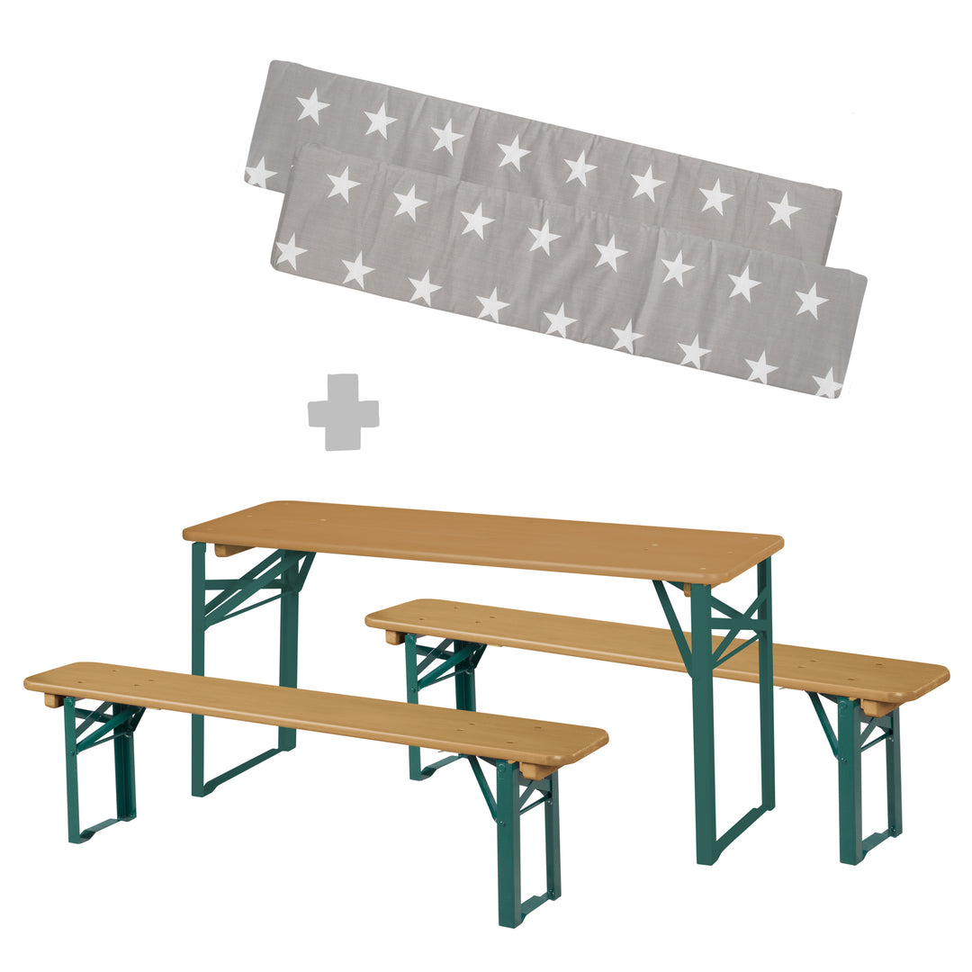 Ensemble de sièges pour fêtes en bois - 2 bancs + 1 table pour enfants - Bois teck lasuré