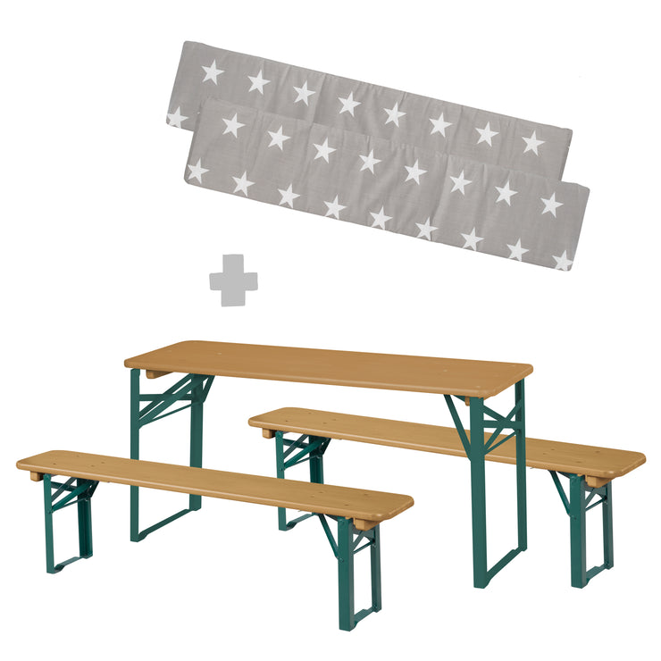 Outdoor Party-Garnitur aus Holz - 2 Bänke + 1 Kindertisch - Teak lasiert