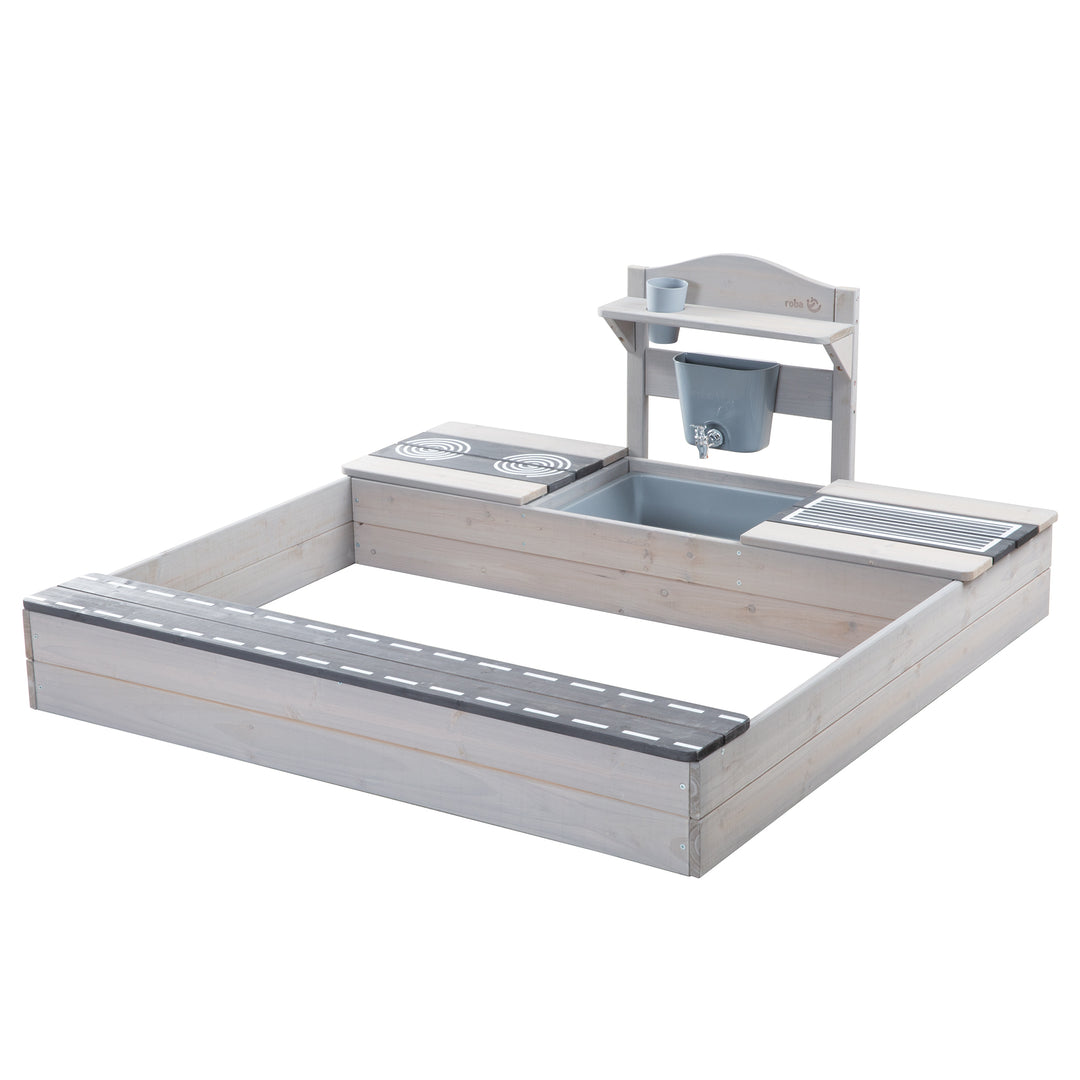 Caja de arena certificada FSC con cocina de barro - Madera maciza gris lacada