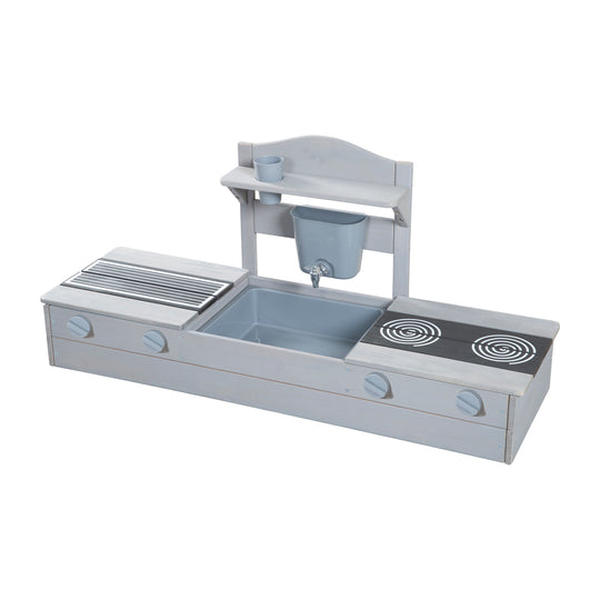 2 en 1 bac à sable de balcon et cuisine de jeu - Certifié FSC® - Bois massif lasuré gris