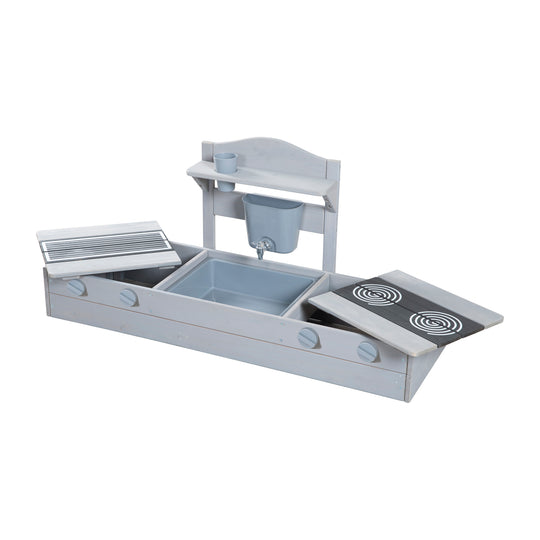 2 en 1 bac à sable de balcon et cuisine de jeu - Certifié FSC® - Bois massif lasuré gris