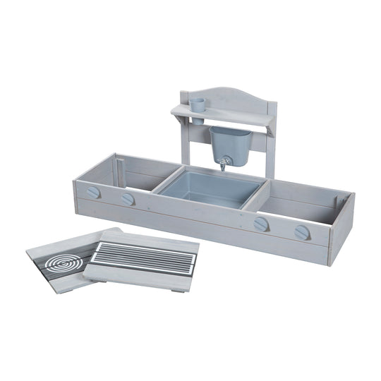 2 en 1 bac à sable de balcon et cuisine de jeu - Certifié FSC® - Bois massif lasuré gris
