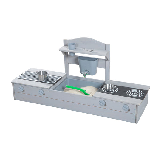 2 en 1 bac à sable de balcon et cuisine de jeu - Certifié FSC® - Bois massif lasuré gris