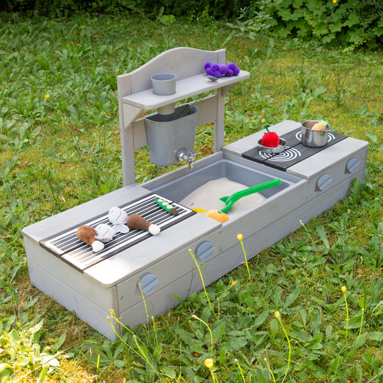 2 en 1 bac à sable de balcon et cuisine de jeu - Certifié FSC® - Bois massif lasuré gris