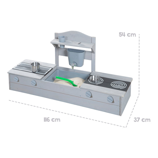 2 en 1 bac à sable de balcon et cuisine de jeu - Certifié FSC® - Bois massif lasuré gris