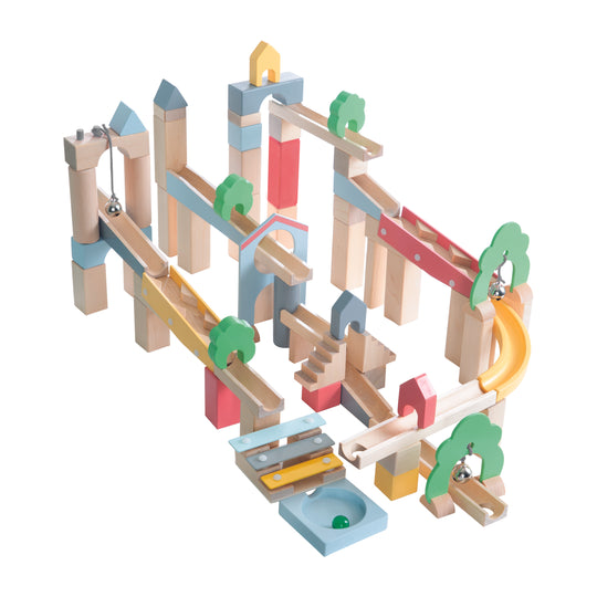 Piste de billes en bois 60 pièces + Set complémentaire de 20 pièces pour la construction de paysages