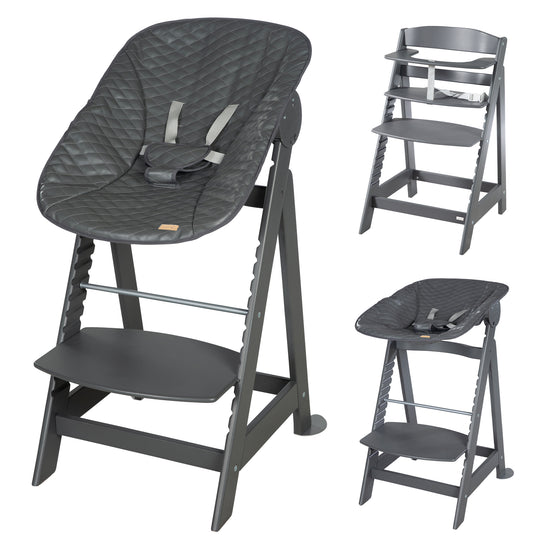 Seggiolone pappa 'Born Up' 2in1 in antracite, con barra paracolpi 'Graphite quilted'.