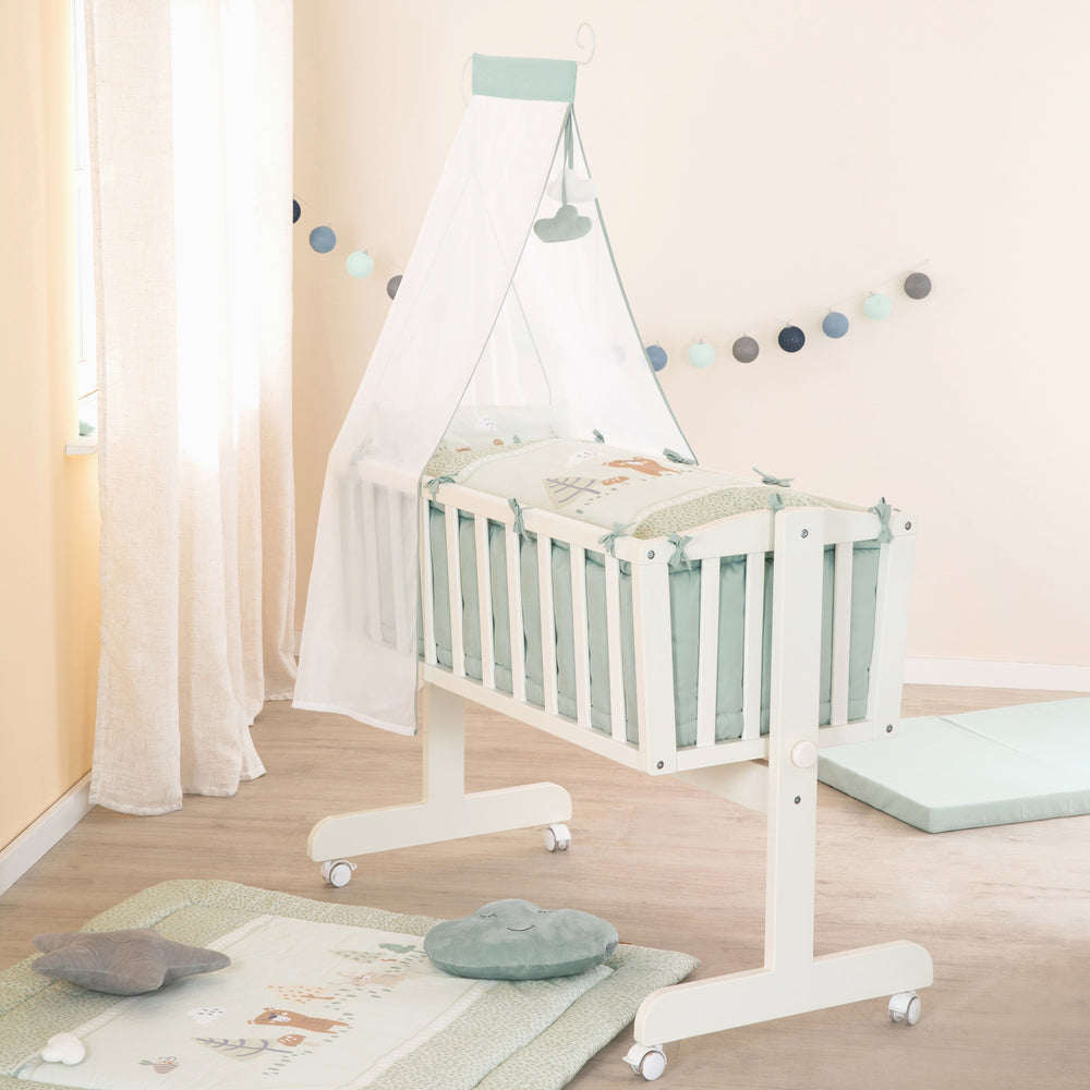 Wooden Baby Cradle 'Woodland Buddies' 40 x 90 cm incl. Accessories - White / Pastel Green