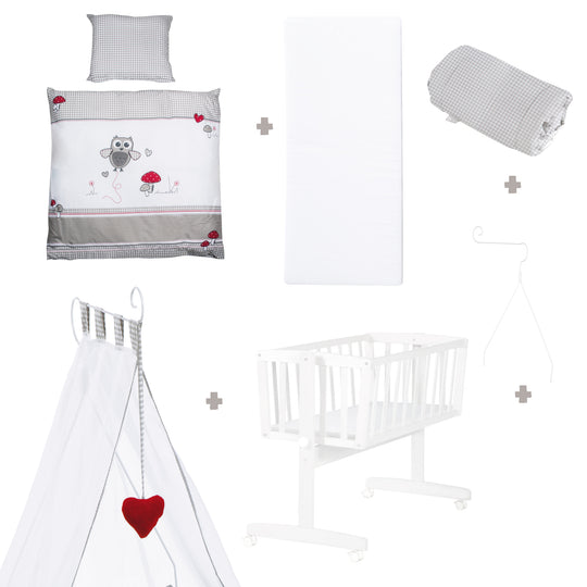 Set berceau complet 'Adam et Eule', 40 x 90 cm, blanc, fonction de verrouillage, incl. accessoires
