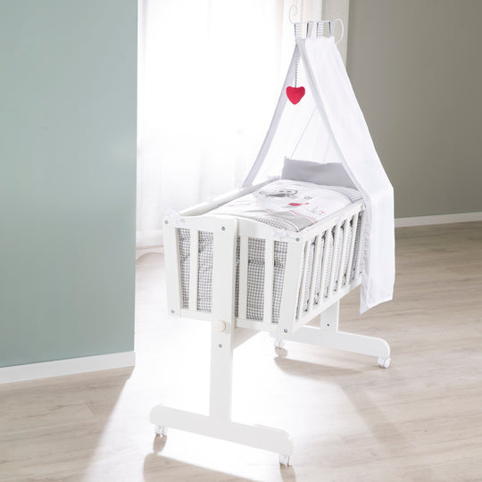 Set berceau complet 'Adam et Eule', 40 x 90 cm, blanc, fonction de verrouillage, incl. accessoires