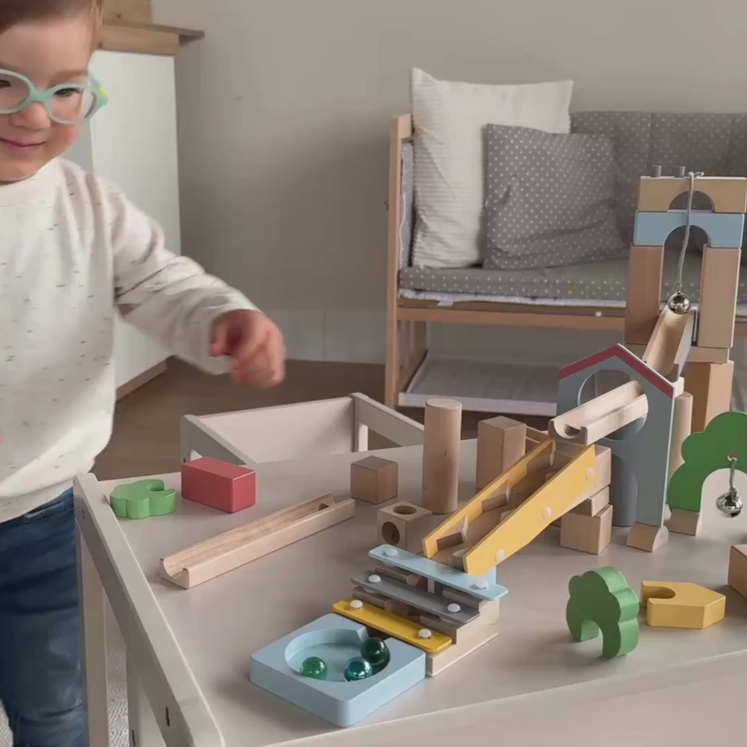 Piste de billes en bois 60 pièces + Set complémentaire de 20 pièces pour la construction de paysages