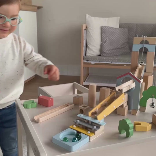 Piste de billes en bois 60 pièces + Set complémentaire de 20 pièces pour la construction de paysages