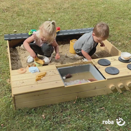 Bac à sable en bois - Design avec route, plaque de cuisson et bac de jeu - Naturel / Noir