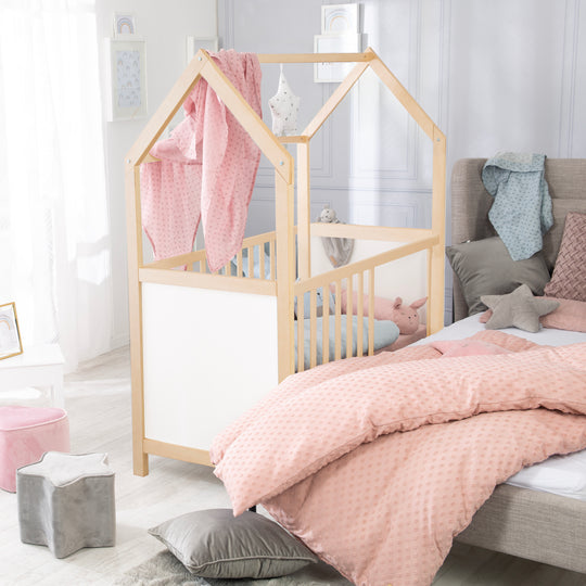 Cama casita 70 x 140 cm, certificado FSC, cama infantil convertible, bicolor, ajustable en 3 posiciones, convertible