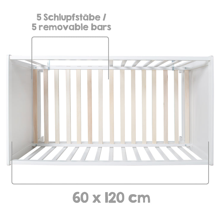 Multifunctional bed with side function 60 x 120 cm, white, incl. complete bed equipment