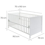 Combination children's bed, 70 x 140 cm, white, 3-way adjustable, pull-up bars, convertible to a junior bed
