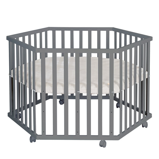 Parque infantil 6 lados incluido colchón 'Greyish acolchado' - Ajustable en altura - Madera antracita