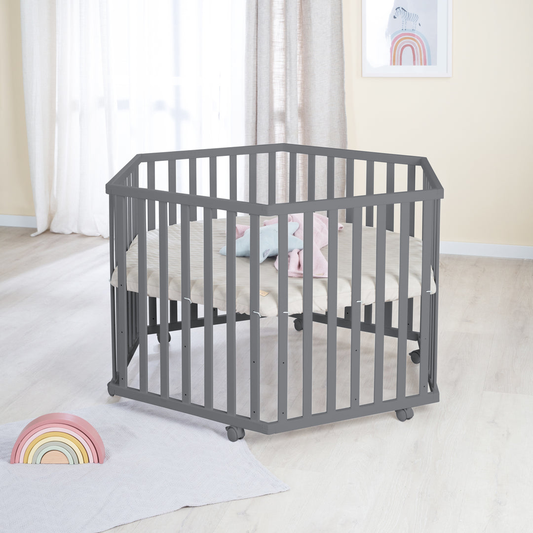 Parque infantil 6 lados incluido colchón 'Greyish acolchado' - Ajustable en altura - Madera antracita