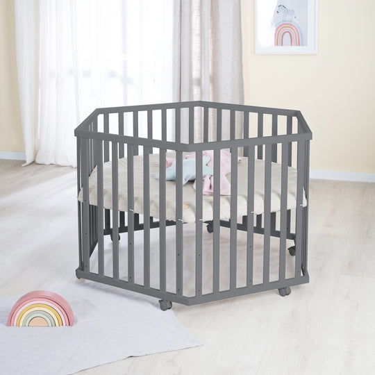 Parque infantil 6 lados incluido colchón 'Greyish acolchado' - Ajustable en altura - Madera antracita