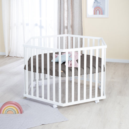 Parque infantil 6 lados incluido colchón 'Graphite acolchado' - Ajustable en altura - Madera blanca