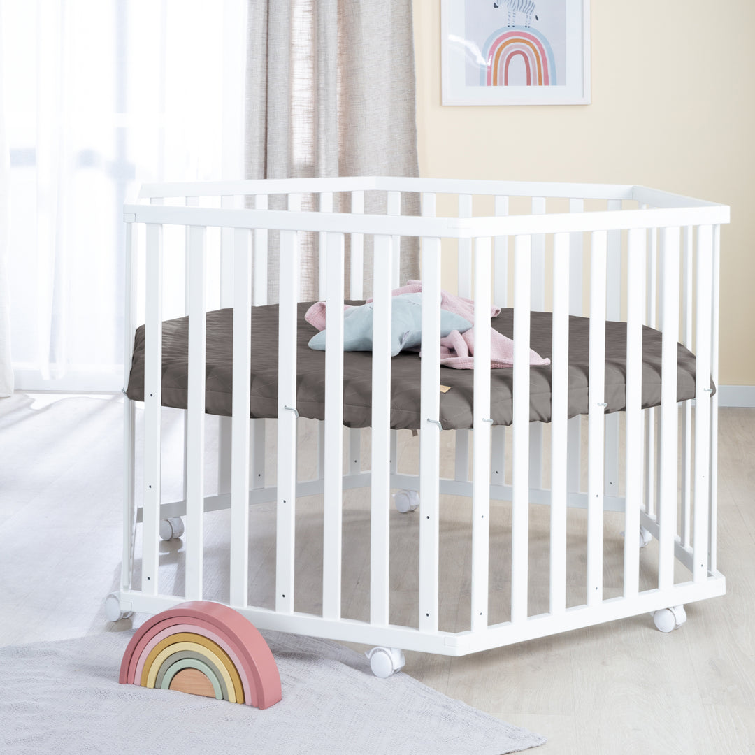 Parque infantil 6 lados incluido colchón 'Graphite acolchado' - Ajustable en altura - Madera blanca
