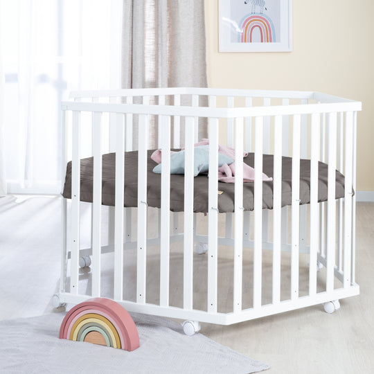 Parque infantil 6 lados incluido colchón 'Graphite acolchado' - Ajustable en altura - Madera blanca