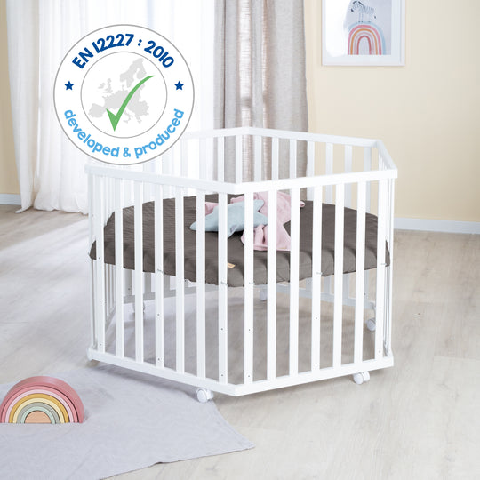 Parque infantil 6 lados incluido colchón 'Graphite acolchado' - Ajustable en altura - Madera blanca
