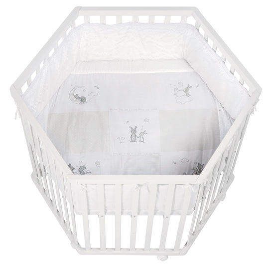 Playpen 'Fox & Bunny', 6-Sided, Safe Playpen including Protection Padding & Wheels, White Wood
