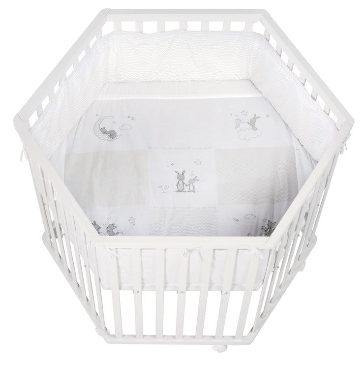 Playpen 'Fox & Bunny', hexagonal, safe play-yard incl. protective insert & rollers, wood white