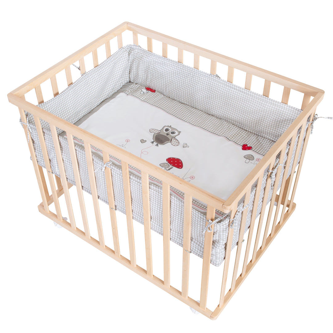 Parque infantil 'Adam & Owl' 75x100, incluye inserto protector y ruedas, madera natural