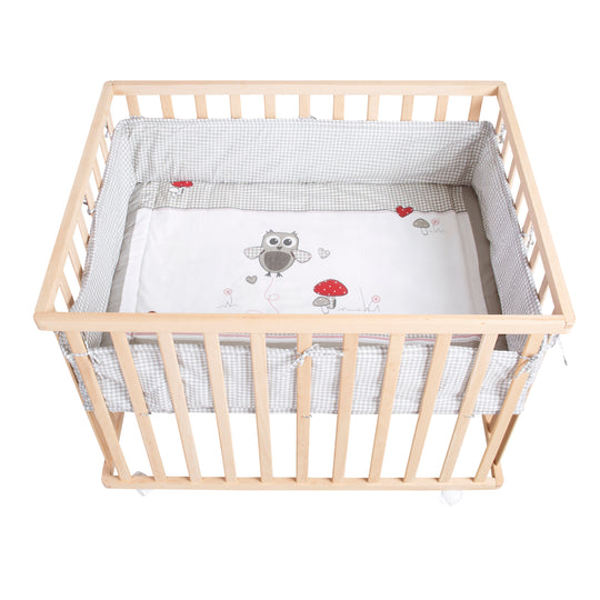 Parque infantil 'Adam & Owl' 75x100, incluye inserto protector y ruedas, madera natural