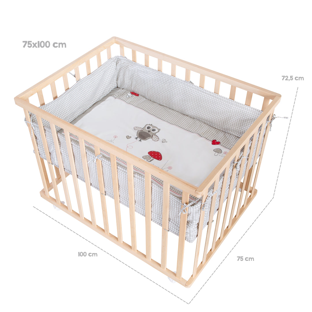 Parque infantil 'Adam & Owl' 75x100, incluye inserto protector y ruedas, madera natural