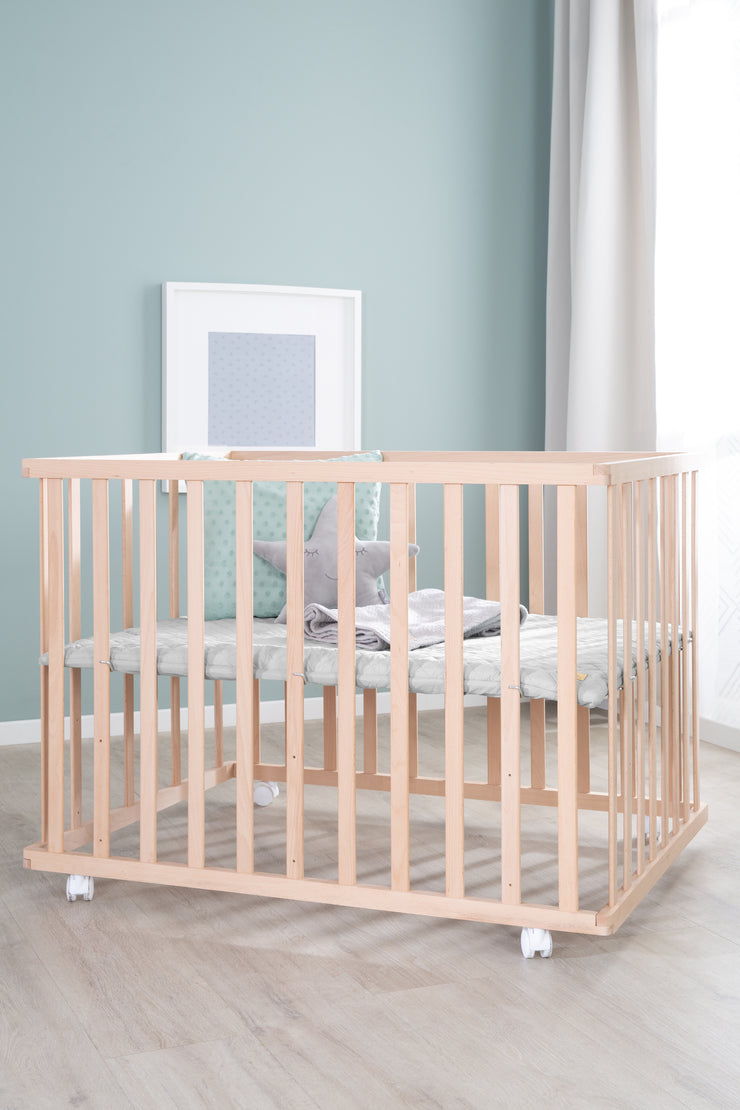 Playpen 'roba Style', 75 x 100 cm, made of organic beech, incl. grey protective insert & castors