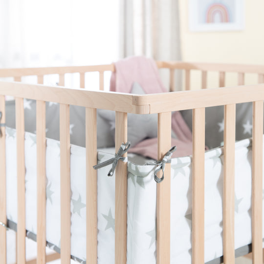 Parque de madera + Almohadilla 'Little Stars' - Ajustable en 3 alturas - Natural