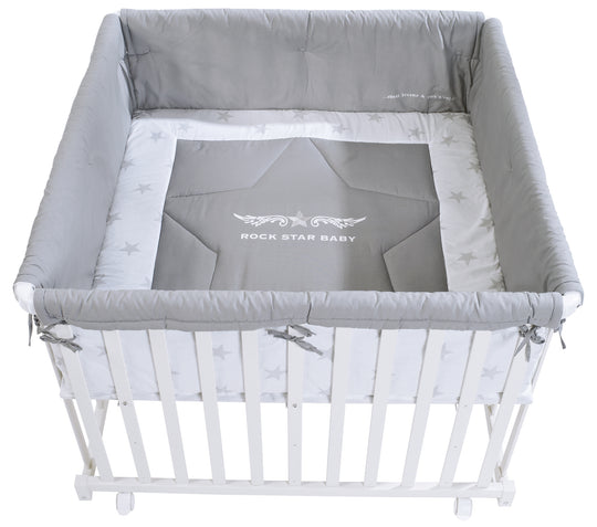 Box 'Rock Star Baby', 100 x 100 cm, box con inserto protettivo e rulli, legno bianco