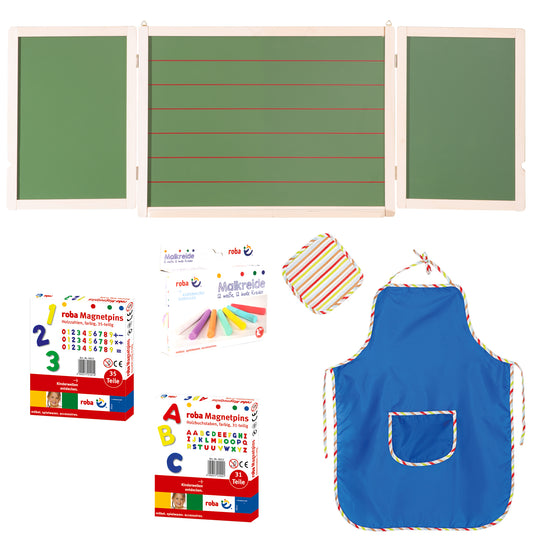 Schreib- & Maltafel magnetisch, weiß,  liniert, inkl. Kreide, Holzmagnetzahlen & -buchstaben