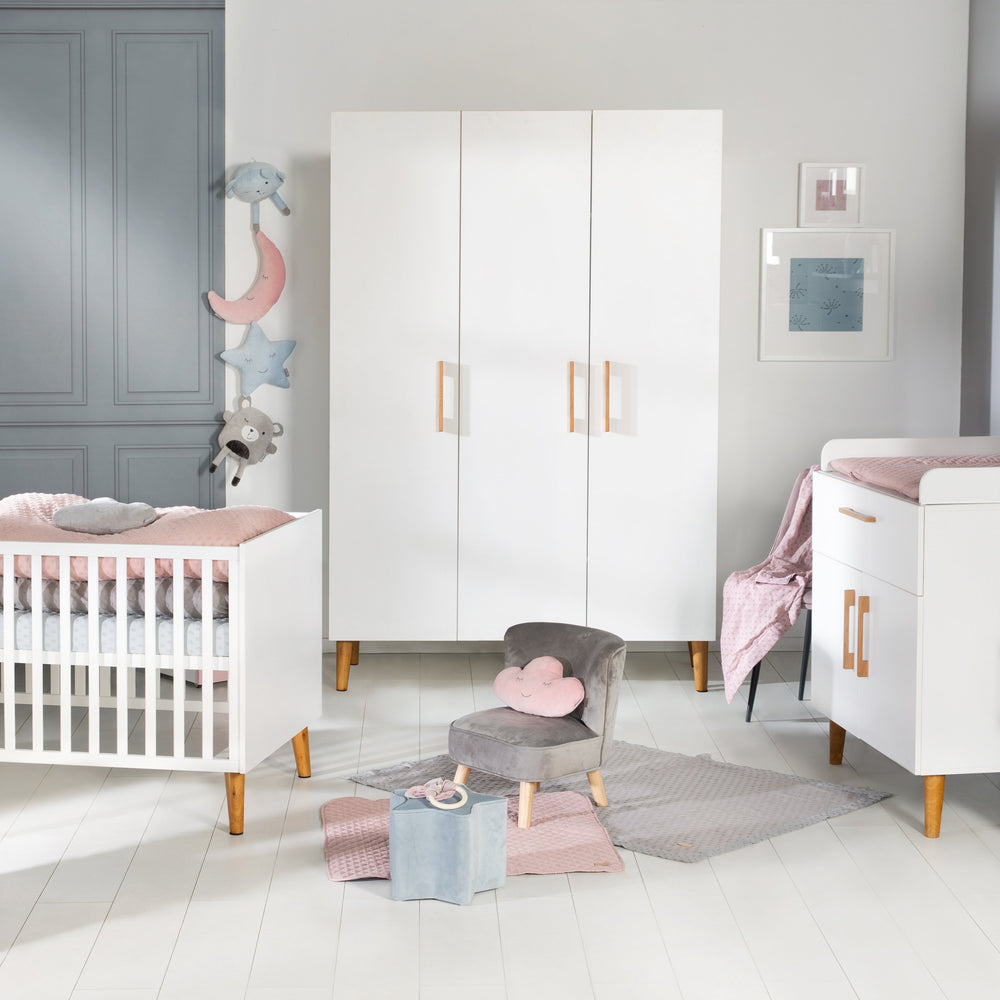 Children's Room Set 'Mick', including Convertible Bed, Changing Table & 3-Door Wardrobe, White/Gold Oak