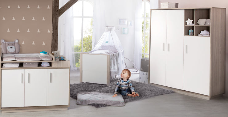 Juego de habitaciones para niños 'Olaf', incluida la cama combi de 70 x 140 cm, cambio de pecho y armario de 3 puertas, Luna Elm/blanco