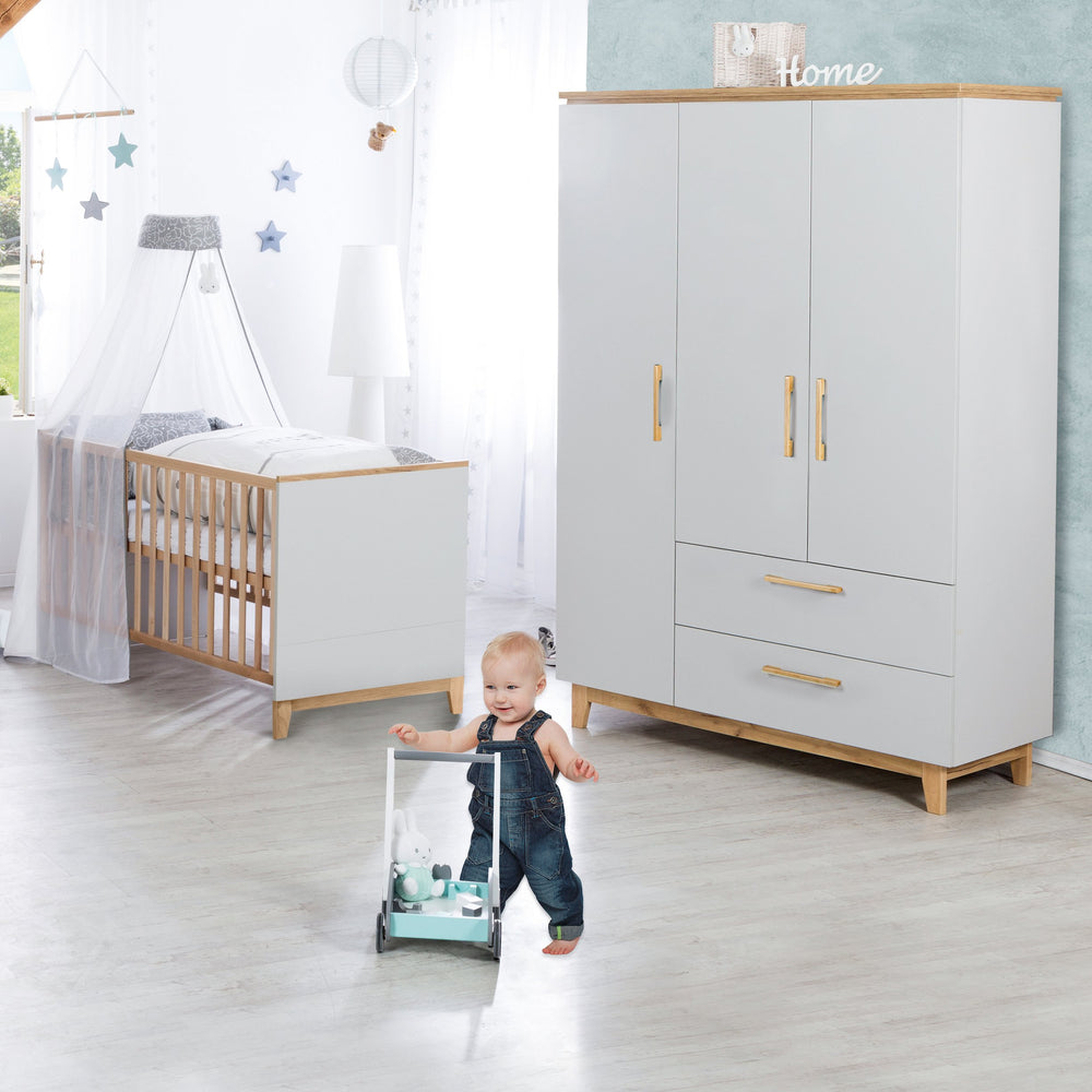 Children's Room Set 'Caro', including Convertible Bed 70 x 140 cm, Changing Table & 3-Door Wardrobe, Light Gray/Gold Oak