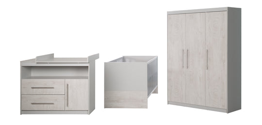 Conjunto de habitación infantil 'Maren 2', incluye cuna combinada 70 x 140 cm, cómoda para cambiar ancha y armario de 3 puertas, gris claro/roble blanqueado
