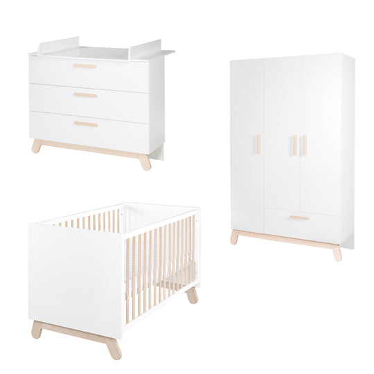 Juego de habitación 'Clara' en blanco, incluye cama combinada, cambiador y armario de 3 puertas