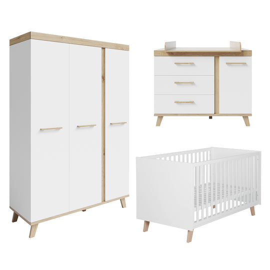 Dormitorio infantil 3 piezas 'Smile' - Cuna combinada + Cómoda para cambiar pañales + Armario - Artisan Oak / Blanco